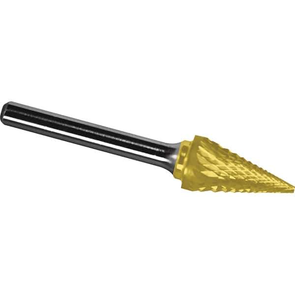 Made in USA - 1/4" Cut Diam, 1/4" Shank Diam, Cone Head Diamond Cut Burr - Carbide, 3/4" LOC, 2" OAL - Exact Tool & Supply