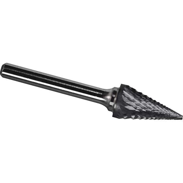 Made in USA - 1/4" Cut Diam, 1/4" Shank Diam, Cone Head Diamond Cut Burr - Carbide, 1/2" LOC, 2" OAL - Exact Tool & Supply