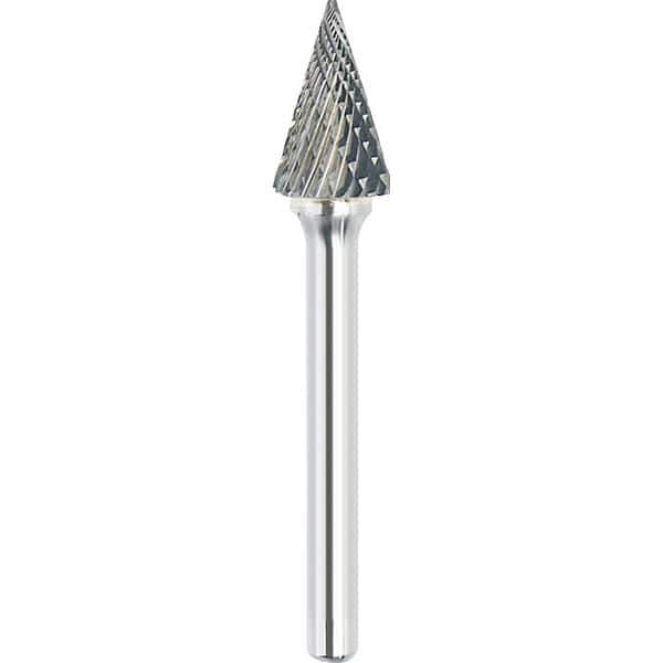 Made in USA - 3/8" Cut Diam, 1/4" Shank Diam, Cone Head Double Cut Burr - Carbide, Point End, 5/8" LOC, 2-1/2" OAL - Exact Tool & Supply