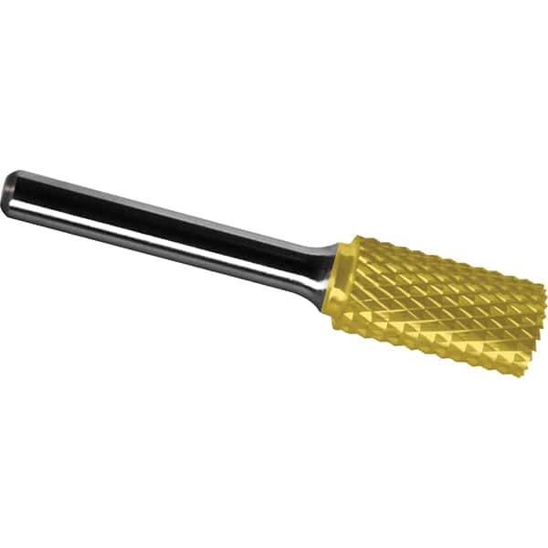 Made in USA - 1/4" Cut Diam, 1/4" Shank Diam, Cylinder with End Cut Head Diamond Cut Burr - Carbide, 5/8" LOC, 2" OAL - Exact Tool & Supply