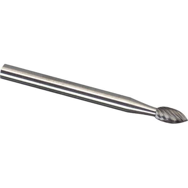 Made in USA - 1/4" Cut Diam, 1/4" Shank Diam, Flame Head Diamond Cut Burr - Carbide, 1/2" LOC, 2" OAL - Exact Tool & Supply