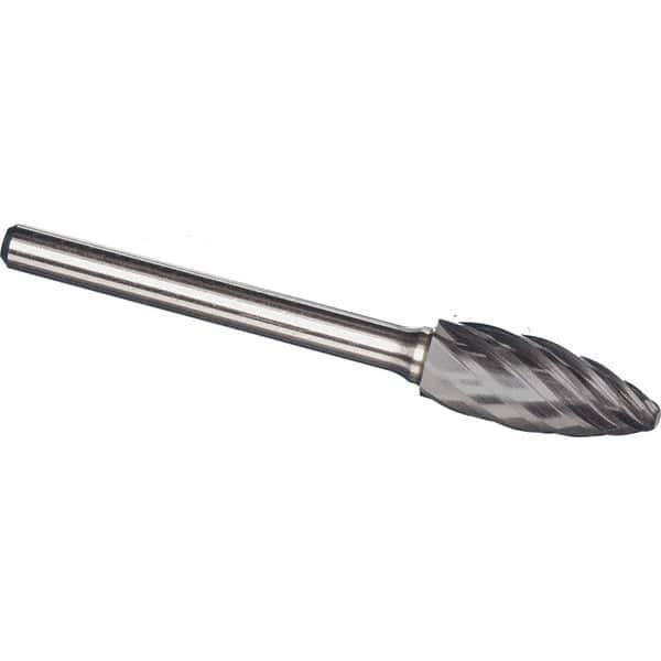 Made in USA - 1/2" Cut Diam, 1/4" Shank Diam, Flame Head Aluma Cut Burr - Carbide, 1-1/4" LOC, 3" OAL - Exact Tool & Supply