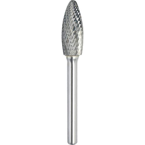 Made in USA - 1/2" Cut Diam, 1/4" Shank Diam, Flame Head Double Cut Burr - Carbide, 1-1/4" LOC, 3" OAL - Exact Tool & Supply