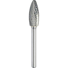 Made in USA - 1/2" Cut Diam, 1/4" Shank Diam, Flame Head Double Cut Burr - Carbide, 1-1/4" LOC, 3" OAL - Exact Tool & Supply