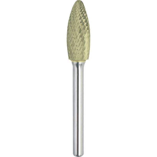 Made in USA - 1/4" Cut Diam, 1/4" Shank Diam, Flame Head Double Cut Burr - Carbide, 1/2" LOC, 2" OAL - Exact Tool & Supply