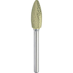 Made in USA - 1/4" Cut Diam, 1/4" Shank Diam, Flame Head Double Cut Burr - Carbide, 1/2" LOC, 2" OAL - Exact Tool & Supply