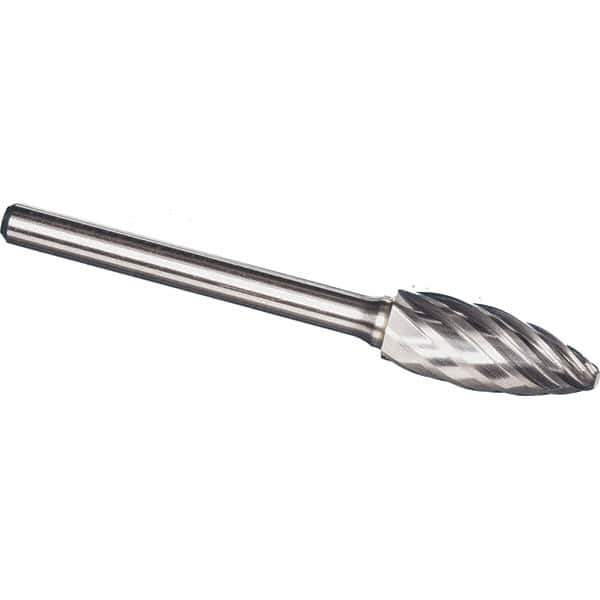 Made in USA - 1/2" Cut Diam, 1/4" Shank Diam, Flame Head Aluma Cut Burr - Carbide, 1-1/4" LOC, 3" OAL - Exact Tool & Supply
