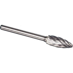 Made in USA - 1/2" Cut Diam, 1/4" Shank Diam, Flame Head Aluma Cut Burr - Carbide, 1-1/4" LOC, 3" OAL - Exact Tool & Supply