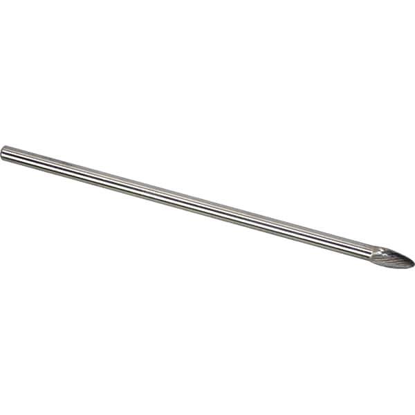 Made in USA - 1/2" Cut Diam, 1/4" Shank Diam, Flame Head Single Cut Burr - Carbide, 1-1/4" LOC, 7-1/4" OAL - Exact Tool & Supply