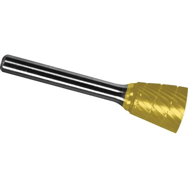 Made in USA - 1/8" Cut Diam, 1/8" Shank Diam, Inverted Cone Head Chipbreaker Cut Burr - Carbide, 3/16" LOC, 3" OAL - Exact Tool & Supply