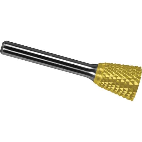 Made in USA - 1/8" Cut Diam, 1/8" Shank Diam, Inverted Cone Head Diamond Cut Burr - Carbide, 3/16" LOC, 3" OAL - Exact Tool & Supply