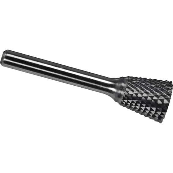 Made in USA - 1/8" Cut Diam, 1/8" Shank Diam, Inverted Cone Head Diamond Cut Burr - Carbide, 3/16" LOC, 3" OAL - Exact Tool & Supply