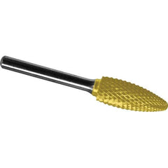 Made in USA - 1/2" Cut Diam, 1/4" Shank Diam, Flame Head Diamond Cut Burr - Carbide, 1-1/4" LOC, 3" OAL - Exact Tool & Supply