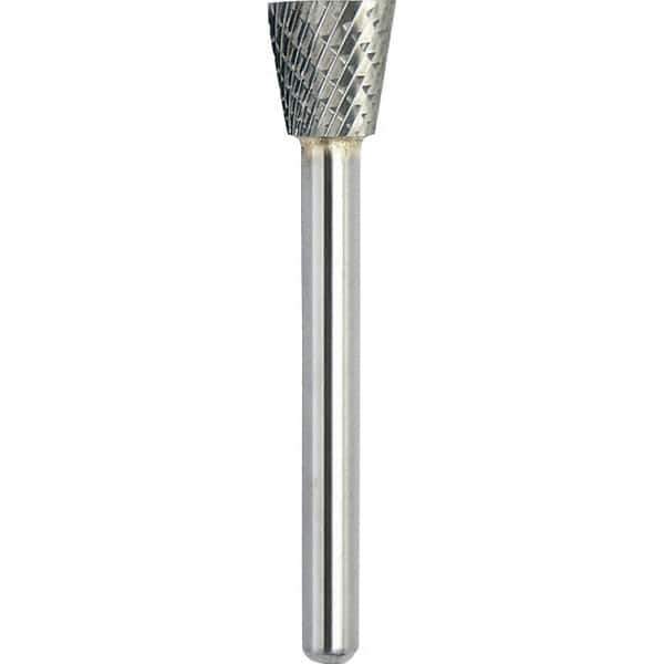 Made in USA - 6.3mm Cut Diam, 0.1181" Shank Diam, Inverted Cone Head Double Cut Burr - Carbide, 6mm LOC, 44mm OAL - Exact Tool & Supply