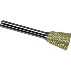 Made in USA - 3/4" Cut Diam, 1/4" Shank Diam, Inverted Cone Head Diamond Cut Burr - Carbide, 5/8" LOC, 2-3/8" OAL - Exact Tool & Supply