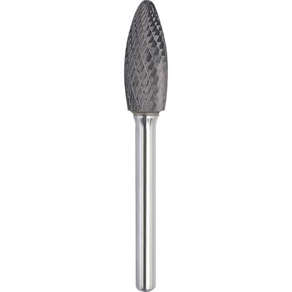 Made in USA - 1/4" Cut Diam, 1/4" Shank Diam, Flame Head Double Cut Burr - Carbide, 1/2" LOC, 2" OAL - Exact Tool & Supply