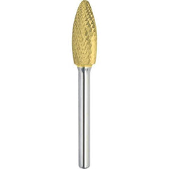 Made in USA - 1/4" Cut Diam, 1/4" Shank Diam, Flame Head Double Cut Burr - Carbide, 1/2" LOC, 2" OAL - Exact Tool & Supply