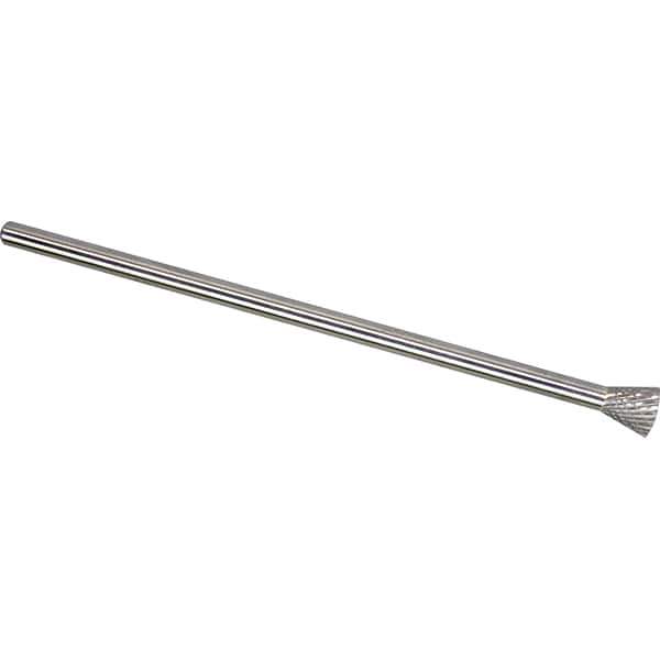 Made in USA - 1/2" Cut Diam, 1/4" Shank Diam, Inverted Cone Head Double Cut Burr - Carbide, 1/2" LOC, 6-1/2" OAL - Exact Tool & Supply