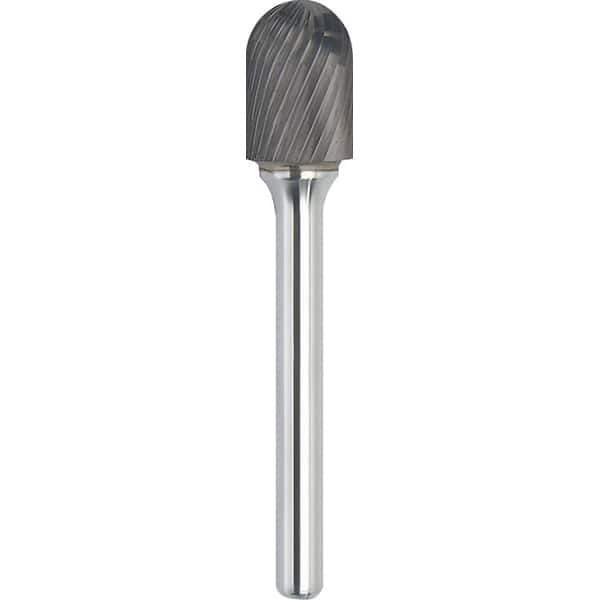 Made in USA - 1/4" Cut Diam, 1/8" Shank Diam, Cylinder with Radius Head Single Cut Burr - Carbide, 1/2" LOC, 2" OAL - Exact Tool & Supply