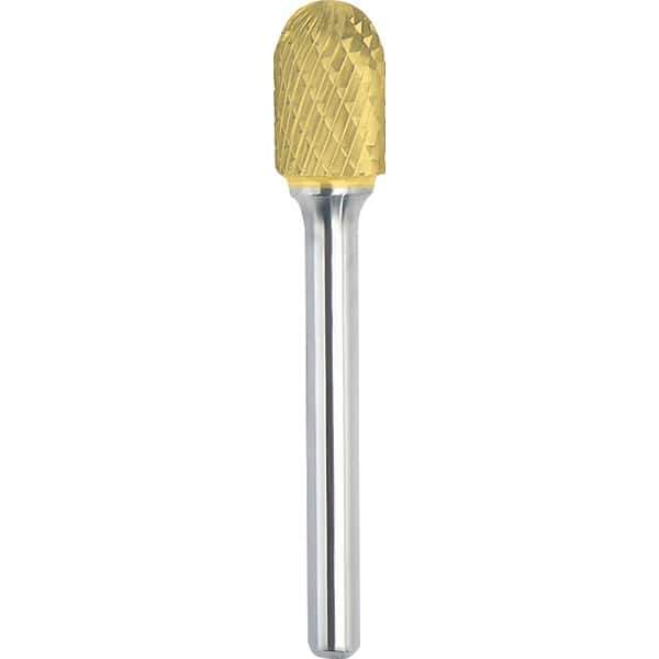 Made in USA - 3/8" Cut Diam, 1/4" Shank Diam, Cylinder with Radius Head Double Cut Burr - Carbide, 1-1/2" LOC, 3-1/4" OAL - Exact Tool & Supply