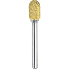 Made in USA - 3/8" Cut Diam, 1/4" Shank Diam, Cylinder with Radius Head Double Cut Burr - Carbide, 1-1/2" LOC, 3-1/4" OAL - Exact Tool & Supply