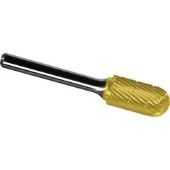 Made in USA - 1/2" Cut Diam, 1/4" Shank Diam, Cylinder with Radius Head Chipbreaker Cut Burr - Carbide, 1" LOC, 2-3/4" OAL - Exact Tool & Supply