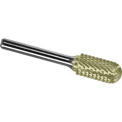 Made in USA - 3/8" Cut Diam, 1/4" Shank Diam, Cylinder with Radius Head Diamond Cut Burr - Carbide, 1-1/2" LOC, 3-1/4" OAL - Exact Tool & Supply