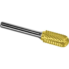 Made in USA - 5/16" Cut Diam, 1/4" Shank Diam, Cylinder with Radius Head Diamond Cut Burr - Carbide, 3/4" LOC, 2-1/2" OAL - Exact Tool & Supply