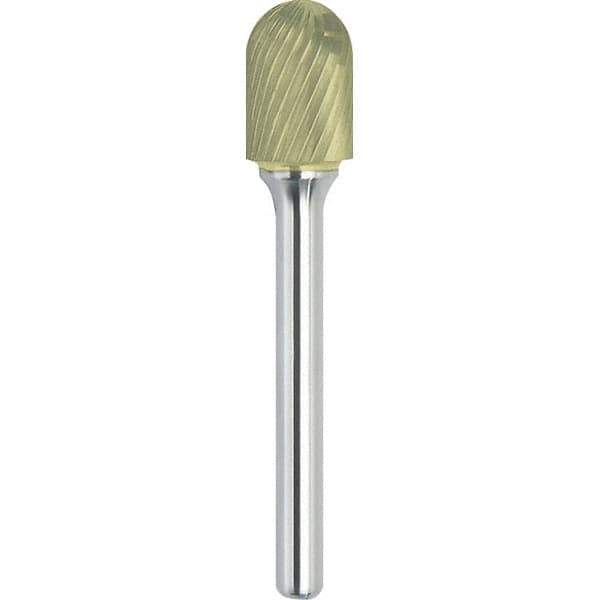 Made in USA - 1/4" Cut Diam, 1/8" Shank Diam, Cylinder with Radius Head Single Cut Burr - Carbide, 1/2" LOC, 2" OAL - Exact Tool & Supply