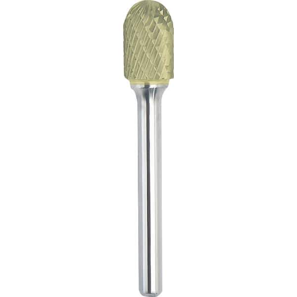 Made in USA - 1" Cut Diam, 1/4" Shank Diam, Cylinder with Radius Head Double Cut Burr - Carbide, 1" LOC, 2-3/4" OAL - Exact Tool & Supply