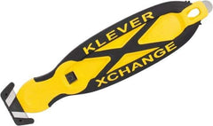Klever Innovations - Recessed/Hook Blade Box Cutter - 5-3/4" Carbon Steel Blade, Yellow Plastic Handle, 2 Blades Included - Exact Tool & Supply