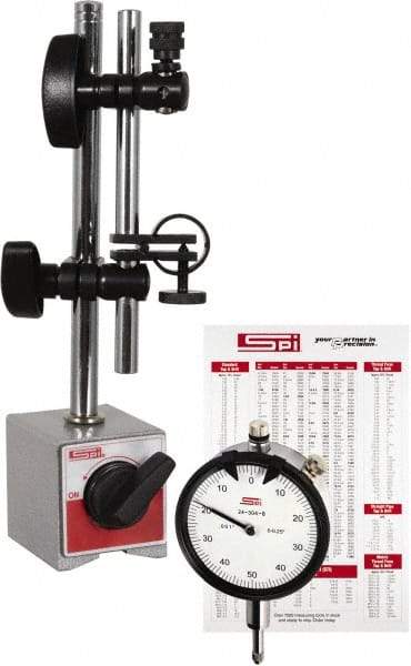 SPI - 0.001" Graduation, Dial Indicator & Base Kit - 2-1/4" Base Length x 2" Base Width x 2-1/8" Base Height - Exact Tool & Supply