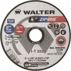 WALTER Surface Technologies - 5" Zirconia Alumina Cutoff Wheel - 1/32" Thick, 7/8" Arbor, 12,200 Max RPM, Use with Angle Grinders - Exact Tool & Supply