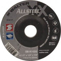WALTER Surface Technologies - 24 Grit, 4-1/2" Wheel Diam, 1/4" Wheel Thickness, 7/8" Arbor Hole, Type 27 Depressed Center Wheel - Aluminum Oxide, 13,300 Max RPM - Exact Tool & Supply