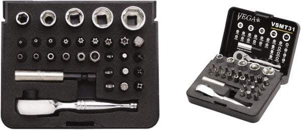 VEGA Industries - 31 Piece, 1/4" Drive Screwdriver Tamperproof Bit Set - Tamperproof #1, #2 & #3 Phillips, Tamperproof 9/64 to 5/16" Hex, Tamperproof T8 to T40 Torx - Exact Tool & Supply