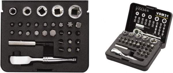 VEGA Industries - 31 Piece, 1/4" Drive Screwdriver Bit Set - #1 to #3 Phillips, 9/64 to 5/16" Hex, T8 to T40 Torx, #1 to #3 Square Recess - Exact Tool & Supply