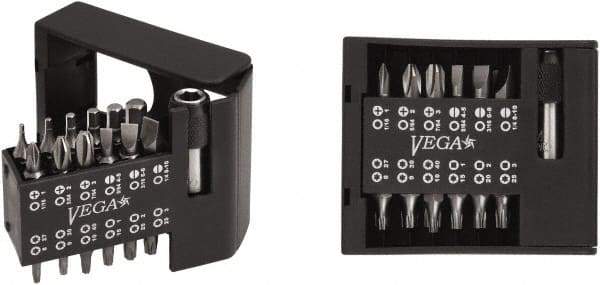 VEGA Industries - 25 Piece, 1/4" Drive Screwdriver Bit Set - #1 to #3 Phillips, 1/16 to 1/4" Hex, T8 to T40 Torx, #1 to #3 Square Recess - Exact Tool & Supply