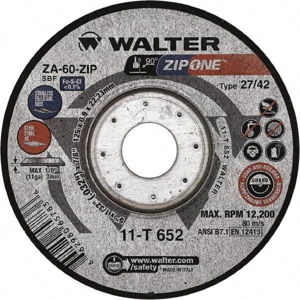 WALTER Surface Technologies - 60 Grit, 4-1/2" Wheel Diam, 1/32" Wheel Thickness, 7/8" Arbor Hole, Type 27 Depressed Center Wheel - Zirconia Alumina, Resinoid Bond, 13,300 Max RPM - Exact Tool & Supply