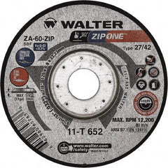 WALTER Surface Technologies - 60 Grit, 4-1/2" Wheel Diam, 1/32" Wheel Thickness, 7/8" Arbor Hole, Type 27 Depressed Center Wheel - Zirconia Alumina, Resinoid Bond, 13,300 Max RPM - Exact Tool & Supply