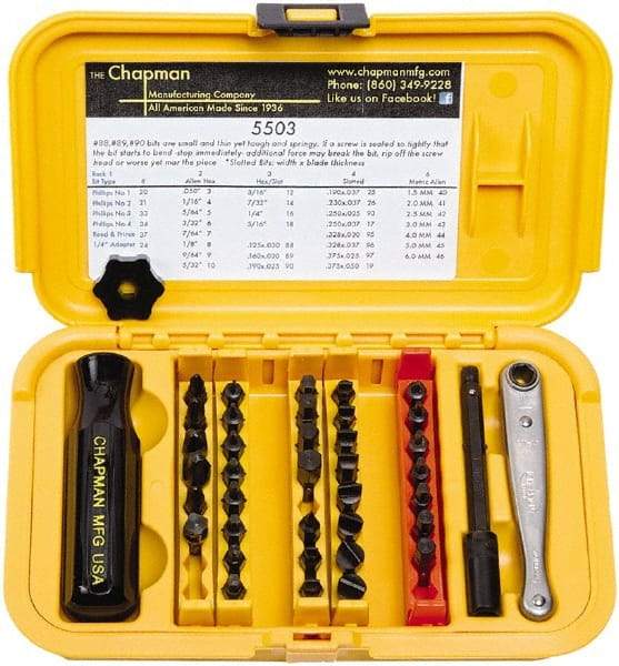 Chapman - 40 Piece, 1/4" Drive Screwdriver Bit Set - #1 to #4 Phillips, 0.05 to 5/16" Hex - Exact Tool & Supply