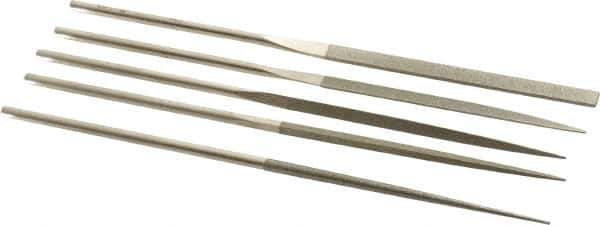 PFERD - 5 Piece Diamond Pattern File Set - 5-1/2" Long, Fine Coarseness, Set Includes Half Round, Hand, Round, Square, Three Square - Exact Tool & Supply