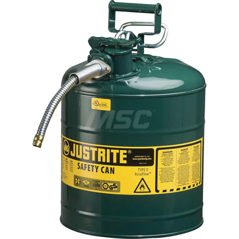 Justrite - Safety Dispensing Cans; Capacity: 5 Gal. ; Material: Steel ; Color: Green ; Height (Decimal Inch): 17.500000 ; Diameter/Length (mm): 11.75 ; Approval Listing/Regulations: FM Approved; UL; ULC; TUV - Exact Tool & Supply