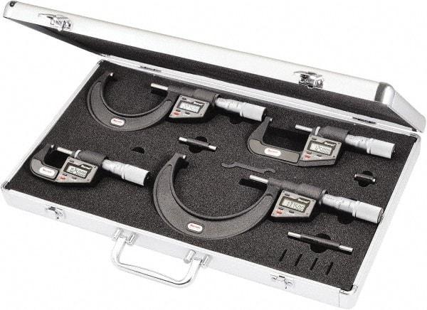 Starrett - 0 to 4" Range, 0.001mm Resolution, 4 Piece Electronic Outside Micrometer Sets - 0.001mm Accuracy, Friction Thimble, Carbide Measuring Face - Exact Tool & Supply