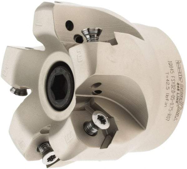 Iscar - 2.37" Cut Diam, 3/4" Arbor Hole, 0.18" Max Depth of Cut, 50° Lead Angle Indexable Chamfer & Angle Face Mills - 5 Inserts, Insert Style IQ845 SYHU 07.., Right Hand Cut, Through Coolant, Series DoveIQMill - Exact Tool & Supply