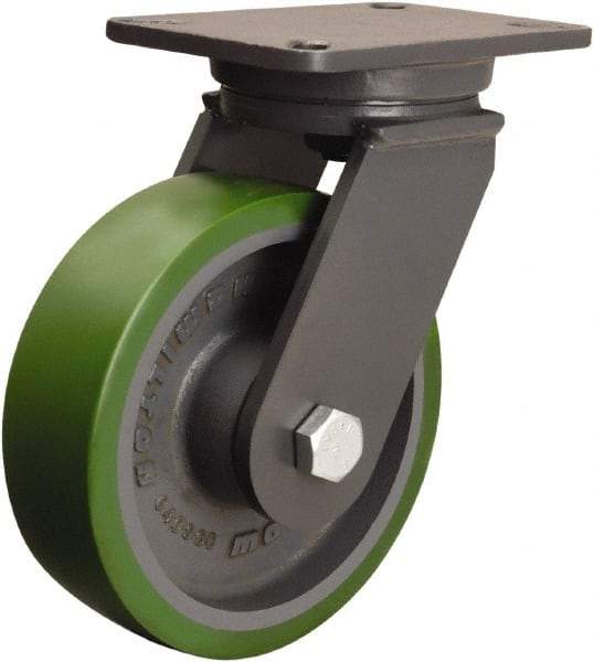 Hamilton - 8" Diam x 2-1/2" Wide x 10-1/2" OAH Top Plate Mount Swivel Caster - Polyurethane Mold onto Cast Iron Center, 2,000 Lb Capacity, Precision Ball Bearing, 5-1/4 x 7-1/4" Plate - Exact Tool & Supply