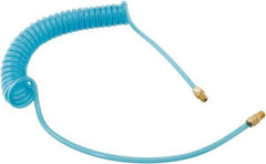 Parker - 3/8" ID, 3/8 Thread, 25' Long, Transparent Blue 95A Shore Durometer Polyurethane Coiled & Self Storing Hose - 140 Max psi, Male Rigid x Male Swivel - Exact Tool & Supply