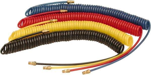 Parker - 1/4" ID, 3/8 Thread, 15' Long, Black 98 Durometer Polyurethane Coiled & Self Storing Hose - 180 Max psi, Male Rigid x Male Swivel - Exact Tool & Supply