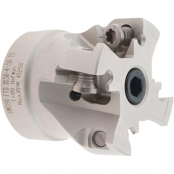 Iscar - 4 Inserts, 1-1/2" Cut Diam, 1/2" Arbor Diam, 0.512" Max Depth of Cut, Indexable Square-Shoulder Face Mill - 0° Lead Angle, 1.37" High, HM390 TDKT 1505.. Insert Compatibility, Through Coolant, Series HeliIQMill - Exact Tool & Supply