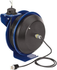 CoxReels - 12 AWG, 50' Cable Length, Cord & Cable Reel with Bare End - 0 Outlets, 20 Amps, 115 Volts, SJO Cable, Blue Reel, Spring Driven Reel - Exact Tool & Supply