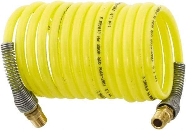 Parker - 3/16" ID, 1/4 Thread, 25' Long, Yellow Nylon Coiled & Self Storing Hose - 225 Max psi, Male Rigid x Male Swivel - Exact Tool & Supply